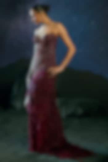 Burgundy Italian Tulle Feather Embellished Bridal Gown by Bhawna Rao at Pernia's Pop Up Shop