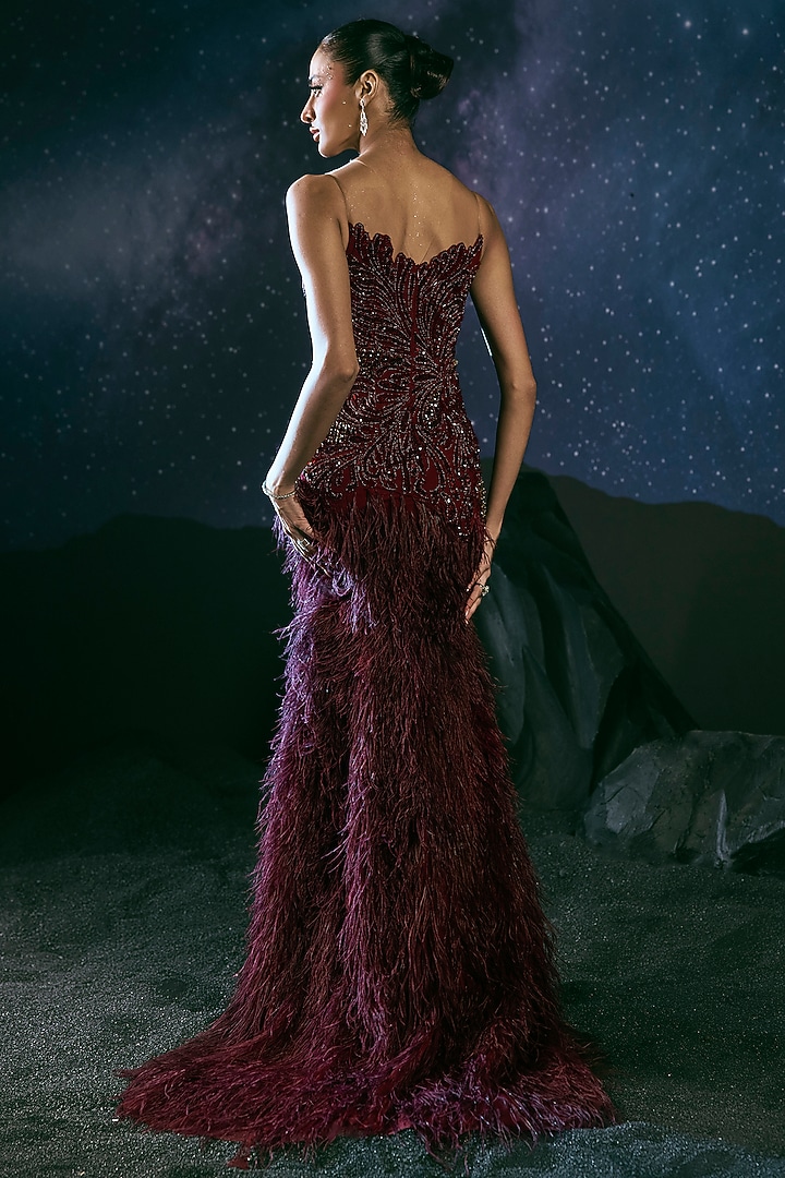 Burgundy Italian Tulle Feather Embellished Bridal Gown by Bhawna Rao at Pernia's Pop Up Shop