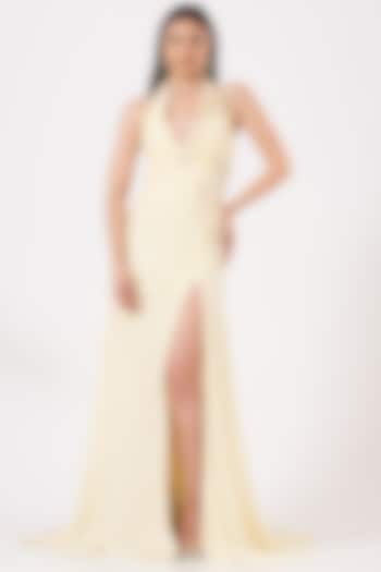 Butter Yellow Hand Embroidered Draped Gown by Bhawna Rao at Pernia's Pop Up Shop