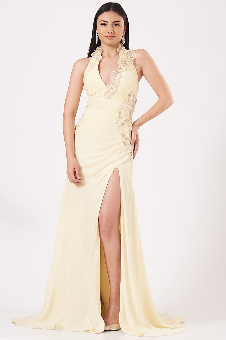 Butter Yellow Hand Embroidered Draped Gown by Bhawna Rao at Pernia's Pop Up Shop