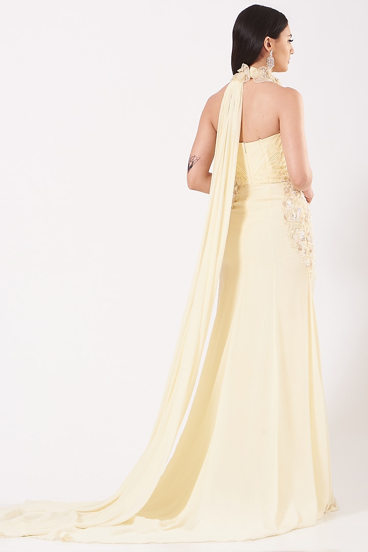 Butter Yellow Hand Embroidered Draped Gown by Bhawna Rao at Pernia's Pop Up Shop