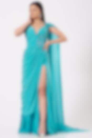 Turquoise Hand Embroidered Draped Gown by Bhawna Rao