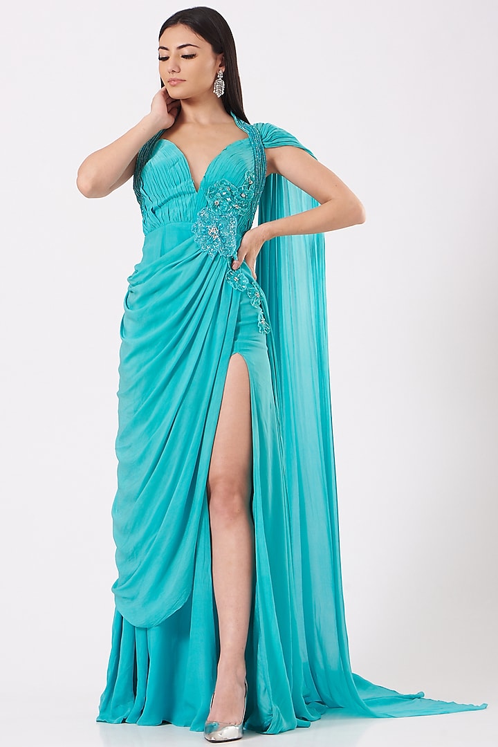 Turquoise Hand Embroidered Draped Gown by Bhawna Rao