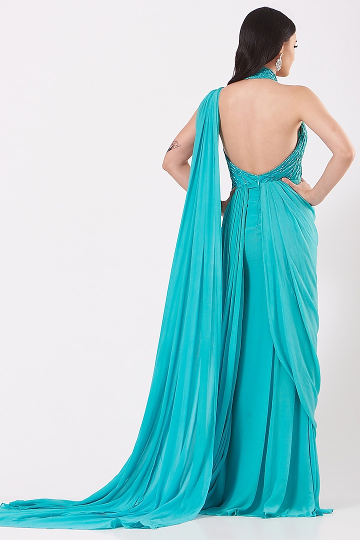 Turquoise Hand Embroidered Draped Gown by Bhawna Rao at Pernia's Pop Up Shop