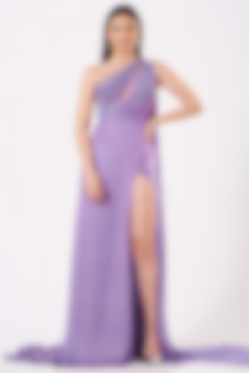 Purple Hand Embroidered One-Shoulder Draped Gown by Bhawna Rao