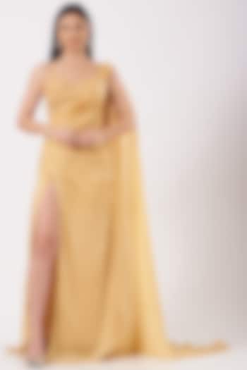 Gold Hand Embroidered One-Shoulder Draped Gown by Bhawna Rao