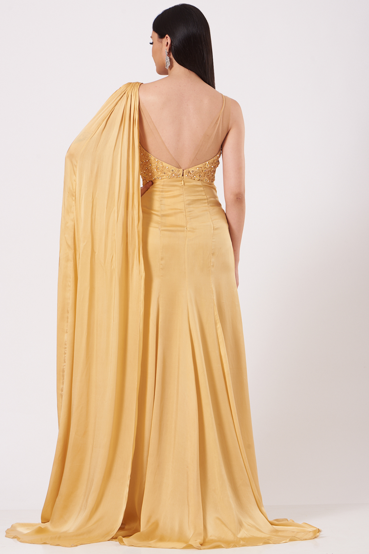 Gold Hand Embroidered One-Shoulder Draped Gown Design by Bhawna Rao at ...