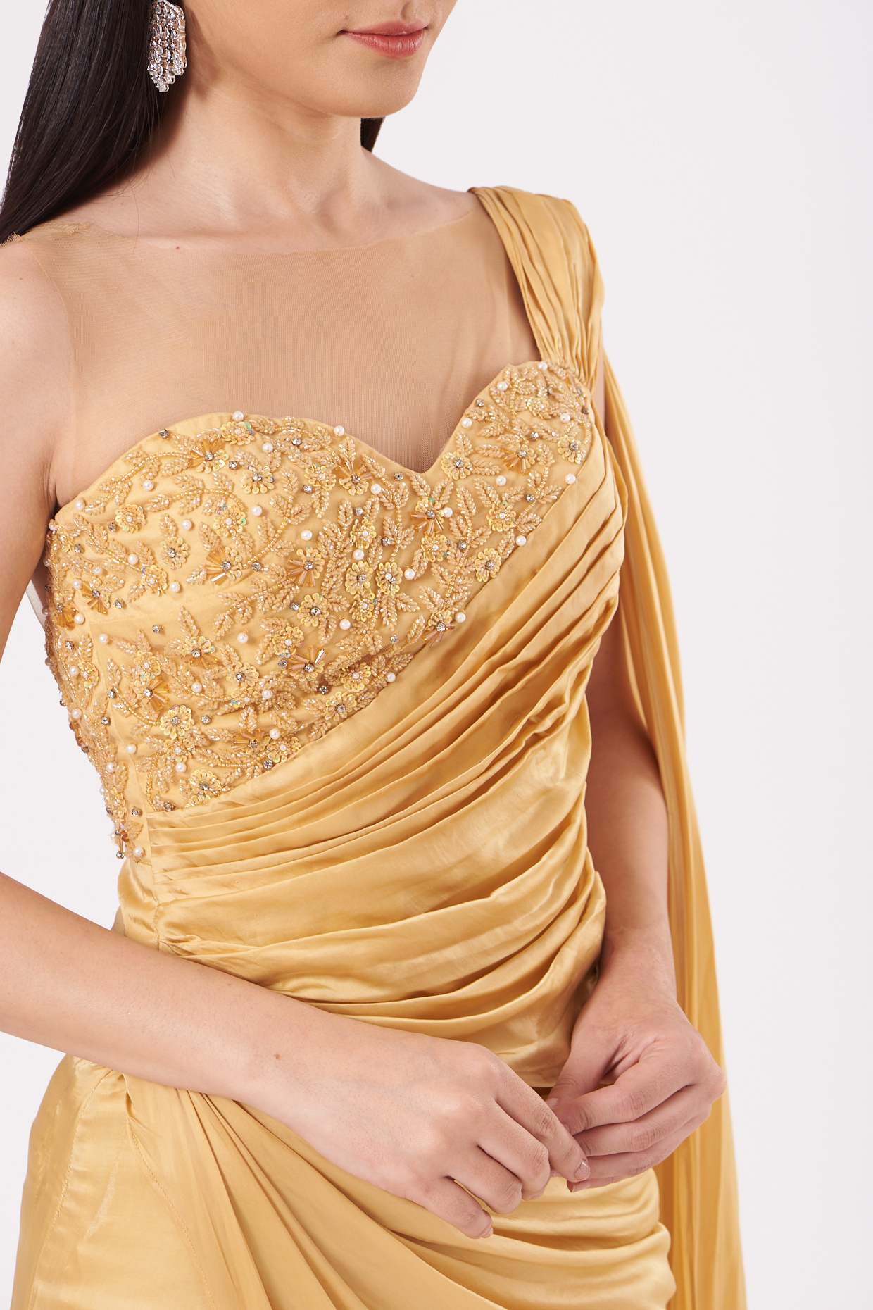 Gold Hand Embroidered One-Shoulder Draped Gown Design by Bhawna Rao at ...