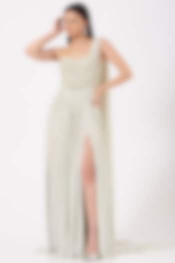 Mint Hand Embroidered One-Shoulder Draped Gown by Bhawna Rao at Pernia's Pop Up Shop