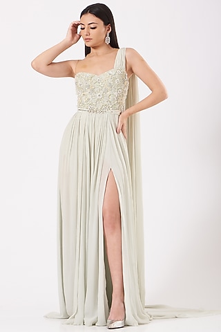 Mint Hand Embroidered One-Shoulder Draped Gown by Bhawna Rao
