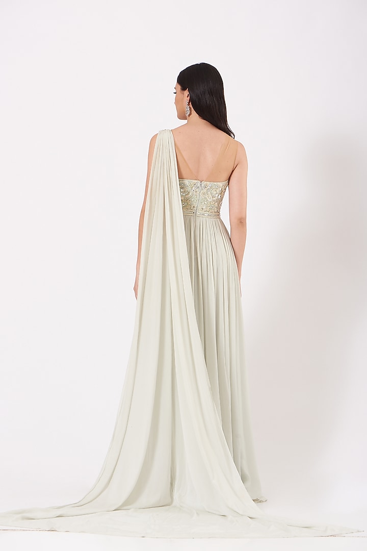 Mint Hand Embroidered One-Shoulder Draped Gown by Bhawna Rao at Pernia's Pop Up Shop
