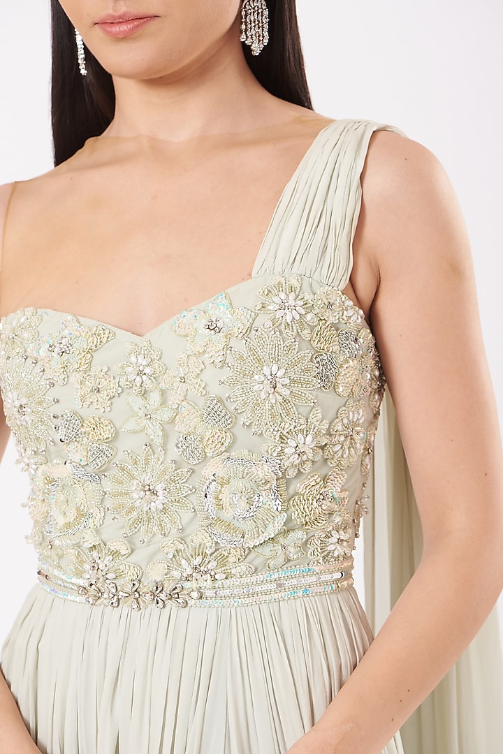 Mint Hand Embroidered One-Shoulder Draped Gown by Bhawna Rao at Pernia's Pop Up Shop
