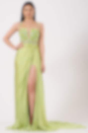 Olive Green Hand Embroidered Draped Gown by Bhawna Rao at Pernia's Pop Up Shop