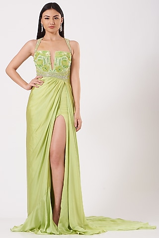 Olive Green Hand Embroidered Draped Gown by Bhawna Rao