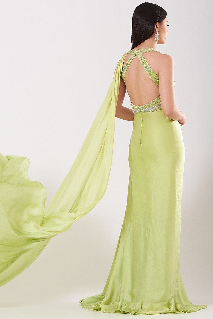 Olive Green Hand Embroidered Draped Gown by Bhawna Rao at Pernia's Pop Up Shop