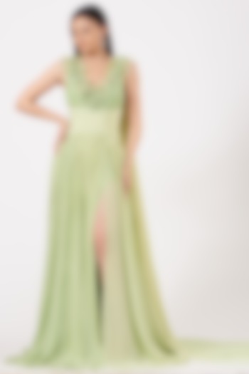 Olive Hand Embroidered Draped Gown by Bhawna Rao at Pernia's Pop Up Shop