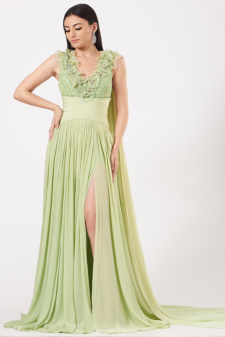 Olive Hand Embroidered Draped Gown by Bhawna Rao at Pernia's Pop Up Shop