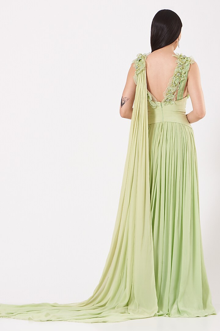 Olive Hand Embroidered Draped Gown by Bhawna Rao at Pernia's Pop Up Shop