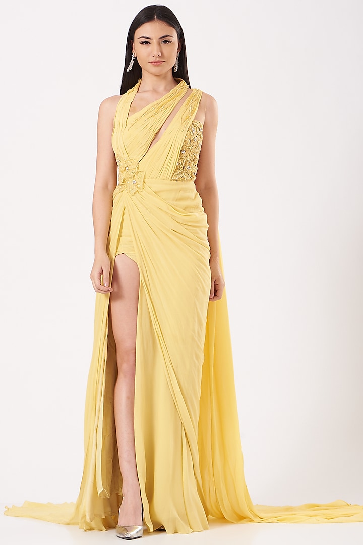 Yellow Hand Embroidered Draped Gown by Bhawna Rao