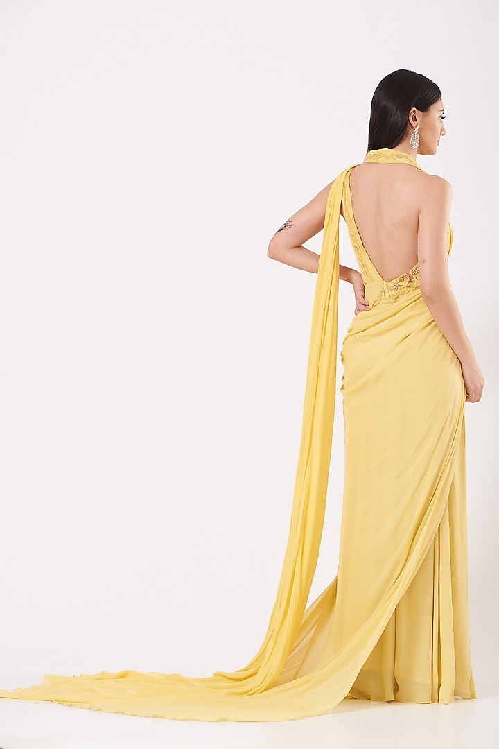 Yellow Hand Embroidered Draped Gown by Bhawna Rao at Pernia's Pop Up Shop