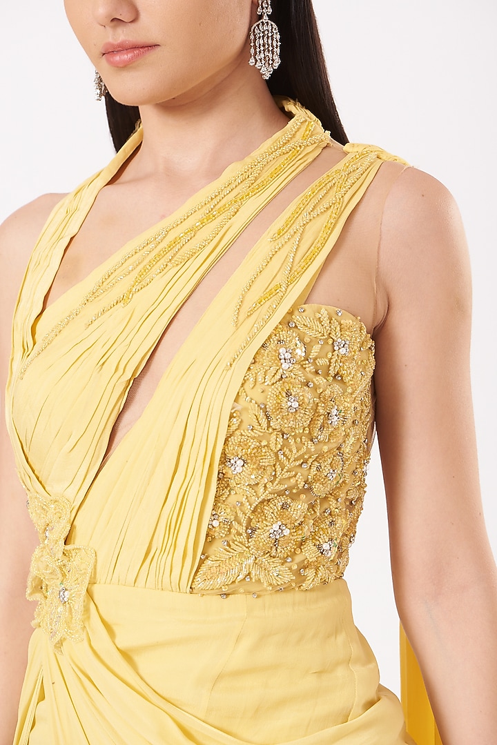 Yellow Hand Embroidered Draped Gown by Bhawna Rao at Pernia's Pop Up Shop