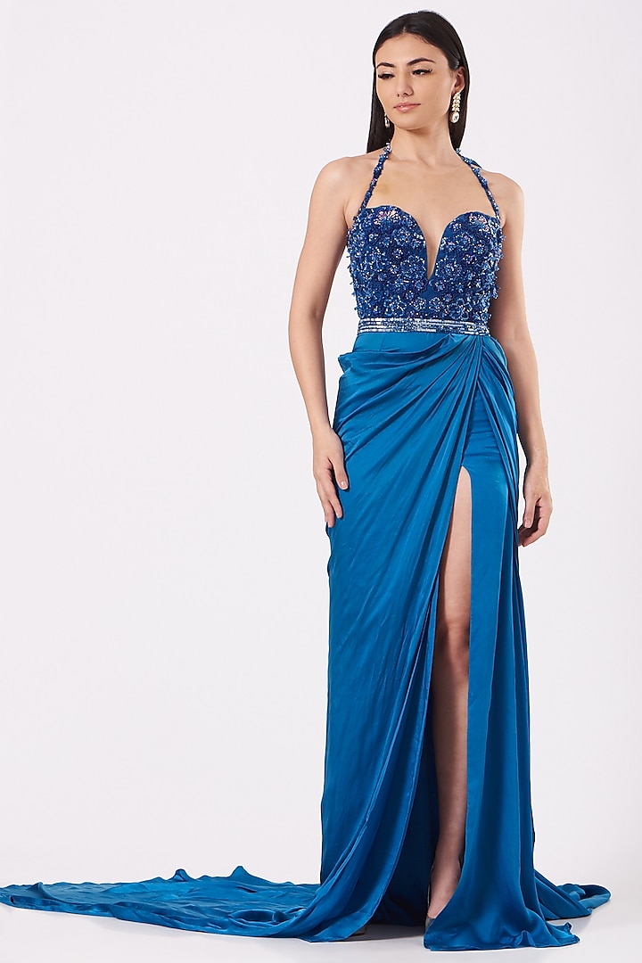 Cobalt Blue Hand Embroidered Draped Gown by Bhawna Rao