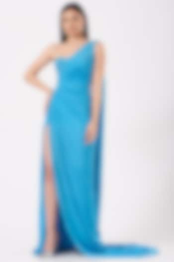 Turquoise Hand Embroidered One-Shoulder Draped Gown by Bhawna Rao