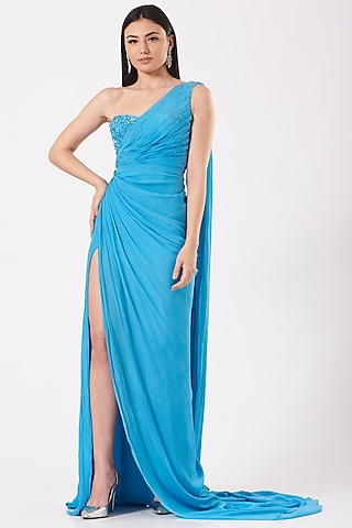 Turquoise Hand Embroidered One-Shoulder Draped Gown by Bhawna Rao