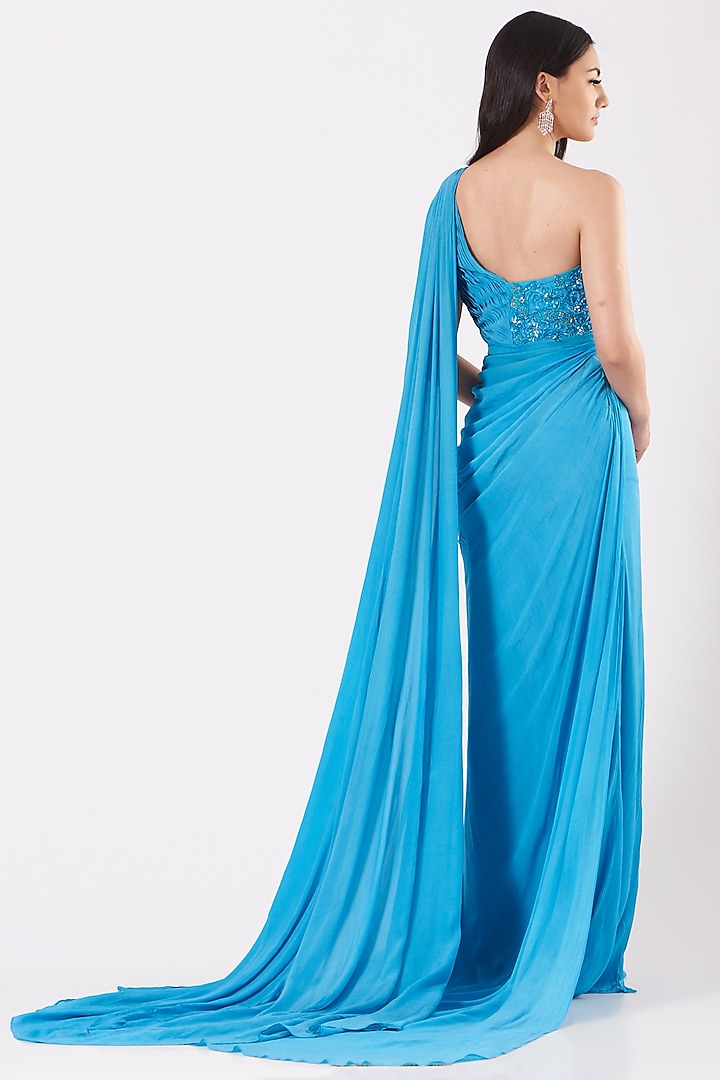 Turquoise Hand Embroidered One-Shoulder Draped Gown by Bhawna Rao at Pernia's Pop Up Shop