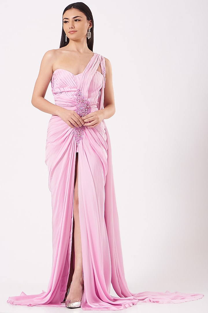 Mauve Hand Embroidered One-Shoulder Draped Gown by Bhawna Rao at Pernia's Pop Up Shop
