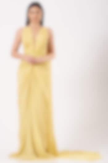 Sunflower Yellow Hand Embroidered Draped Gown by Bhawna Rao