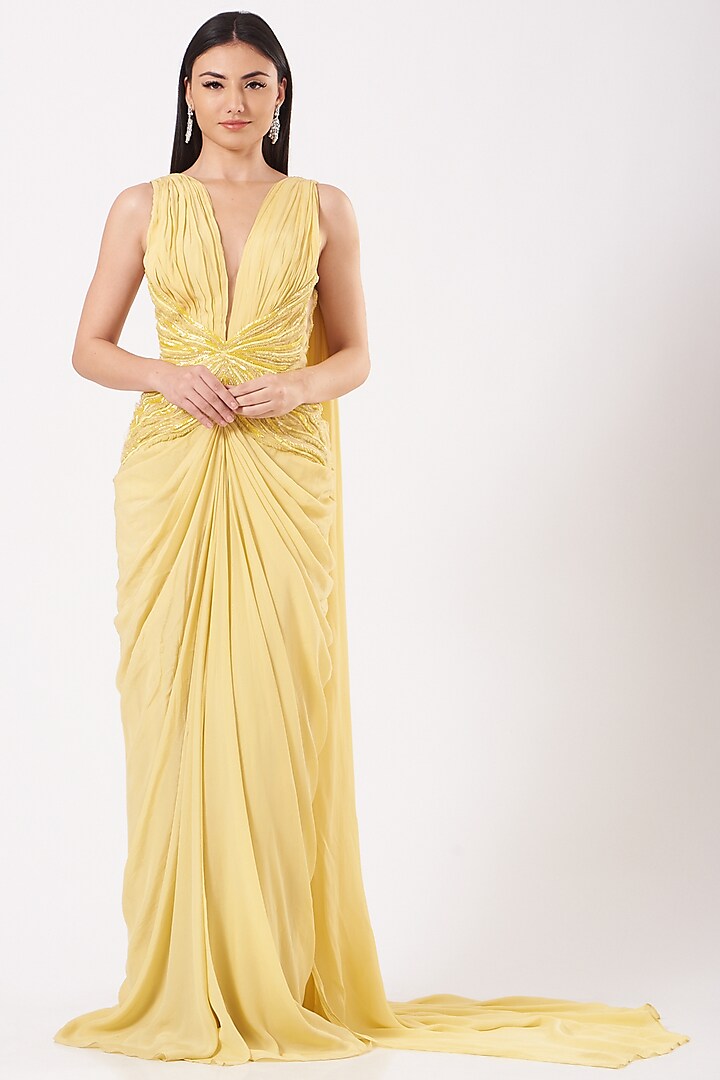 Sunflower Yellow Hand Embroidered Draped Gown by Bhawna Rao