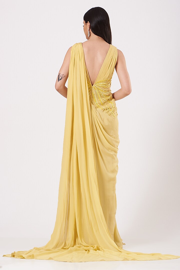Sunflower Yellow Hand Embroidered Draped Gown by Bhawna Rao at Pernia's Pop Up Shop