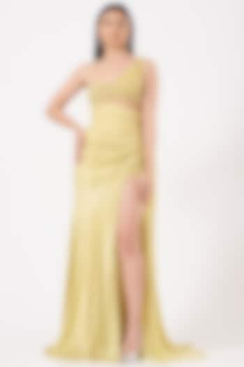 Lime Hand Embroidered One-Shoulder Draped Gown by Bhawna Rao at Pernia's Pop Up Shop