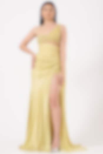 Lime Hand Embroidered One-Shoulder Draped Gown by Bhawna Rao