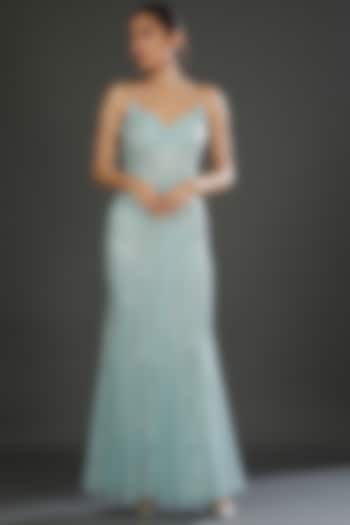 Sky Blue Italian Tulle Hand Embroidered Gown by Bhawna Rao
