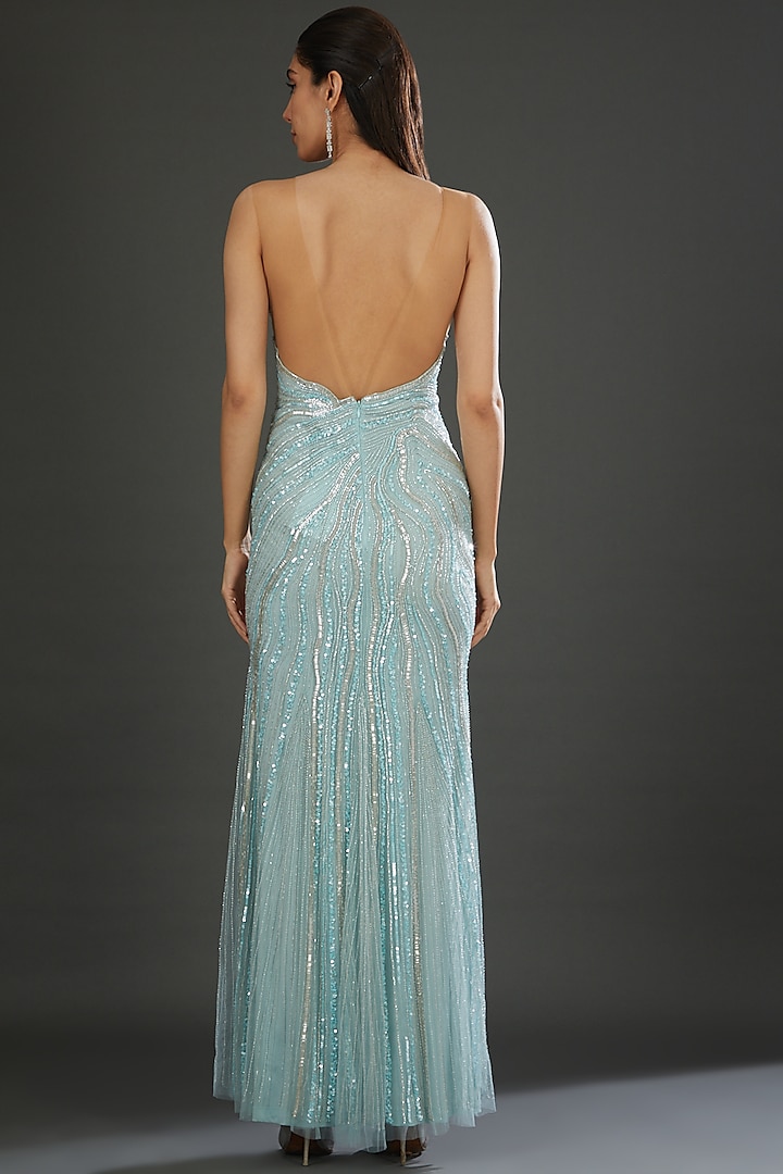 Sky Blue Italian Tulle Hand Embroidered Wedding Gown by Bhawna Rao at Pernia's Pop Up Shop
