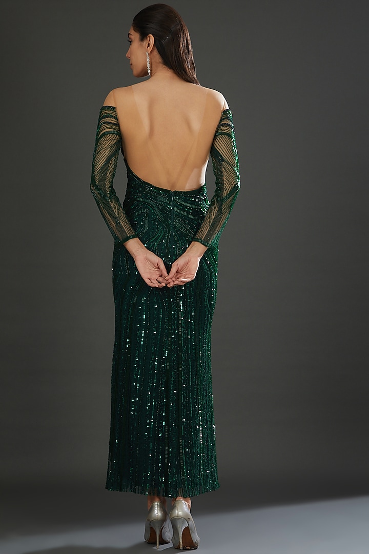 Emerald Green Italian Tulle Hand Embroidered Wedding Gown by Bhawna Rao at Pernia's Pop Up Shop