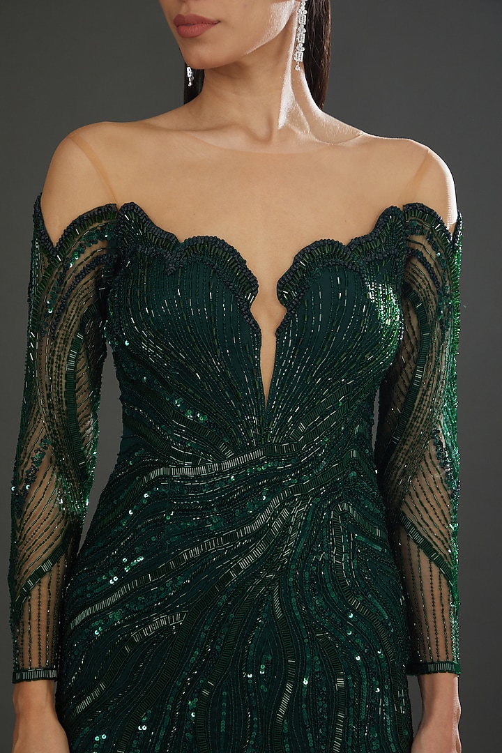 Emerald Green Italian Tulle Hand Embroidered Wedding Gown by Bhawna Rao at Pernia's Pop Up Shop