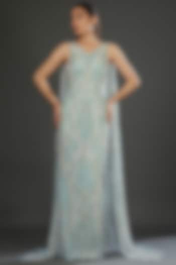 Powder Blue Italian Tulle Hand Embroidered Gown by Bhawna Rao