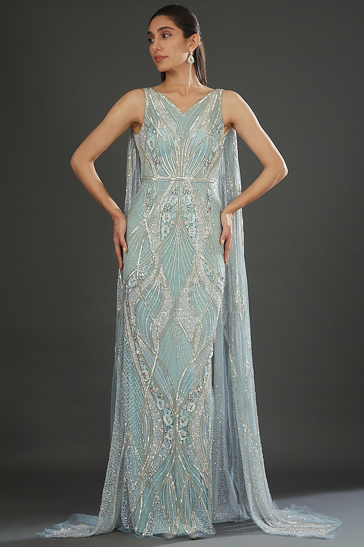 Powder Blue Italian Tulle Hand Embroidered Gown by Bhawna Rao