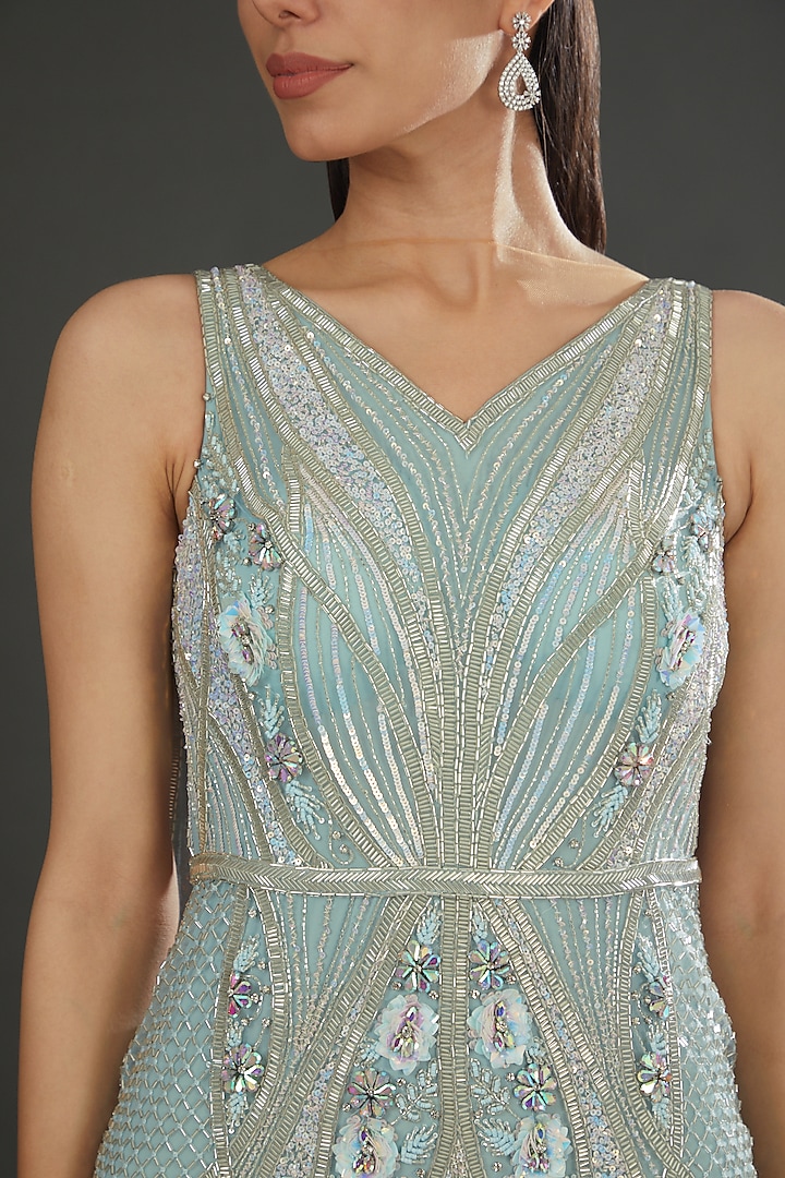 Powder Blue Italian Tulle Hand Embroidered Bridal Gown by Bhawna Rao at Pernia's Pop Up Shop