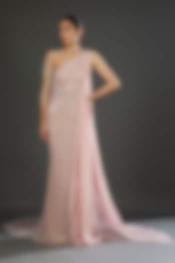 Blush Pink Italian Tulle Hand Embroidered Draped Gown by Bhawna Rao