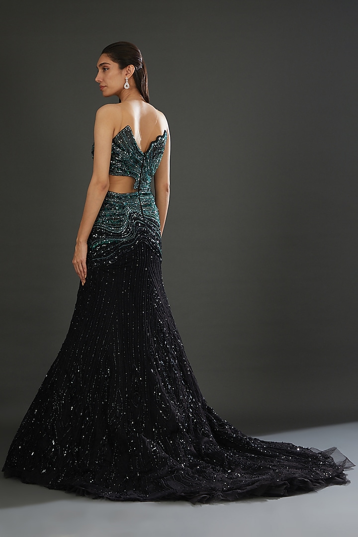 Emerald Green Italian Tulle Hand Embroidered Bridal Gown by Bhawna Rao at Pernia's Pop Up Shop