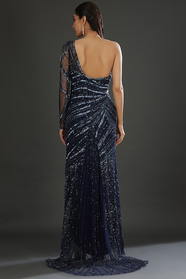 Blue Georgette Hand Embroidered Wedding Gown by Bhawna Rao at Pernia's Pop Up Shop