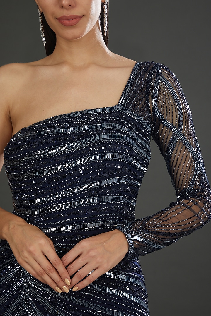 Blue Georgette Hand Embroidered Wedding Gown by Bhawna Rao at Pernia's Pop Up Shop