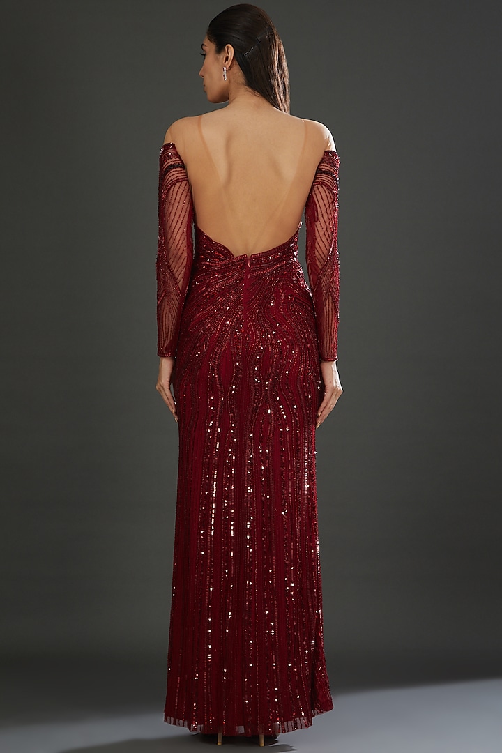 Red Italian Tulle Hand Embroidered Wedding Gown  by Bhawna Rao at Pernia's Pop Up Shop