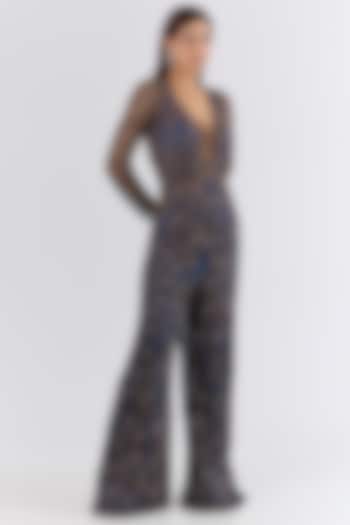 Midnight Blue Italian Tulle Swarovski Embroidered Jumpsuit by Bhawna Rao at Pernia's Pop Up Shop