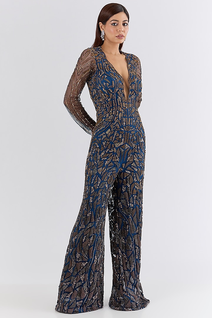 Midnight Blue Italian Tulle Swarovski Embroidered Jumpsuit by Bhawna Rao at Pernia's Pop Up Shop