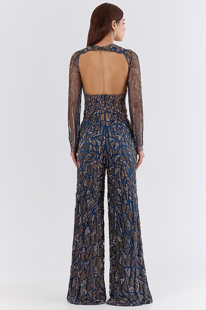 Midnight Blue Italian Tulle Swarovski Embroidered Jumpsuit by Bhawna Rao at Pernia's Pop Up Shop